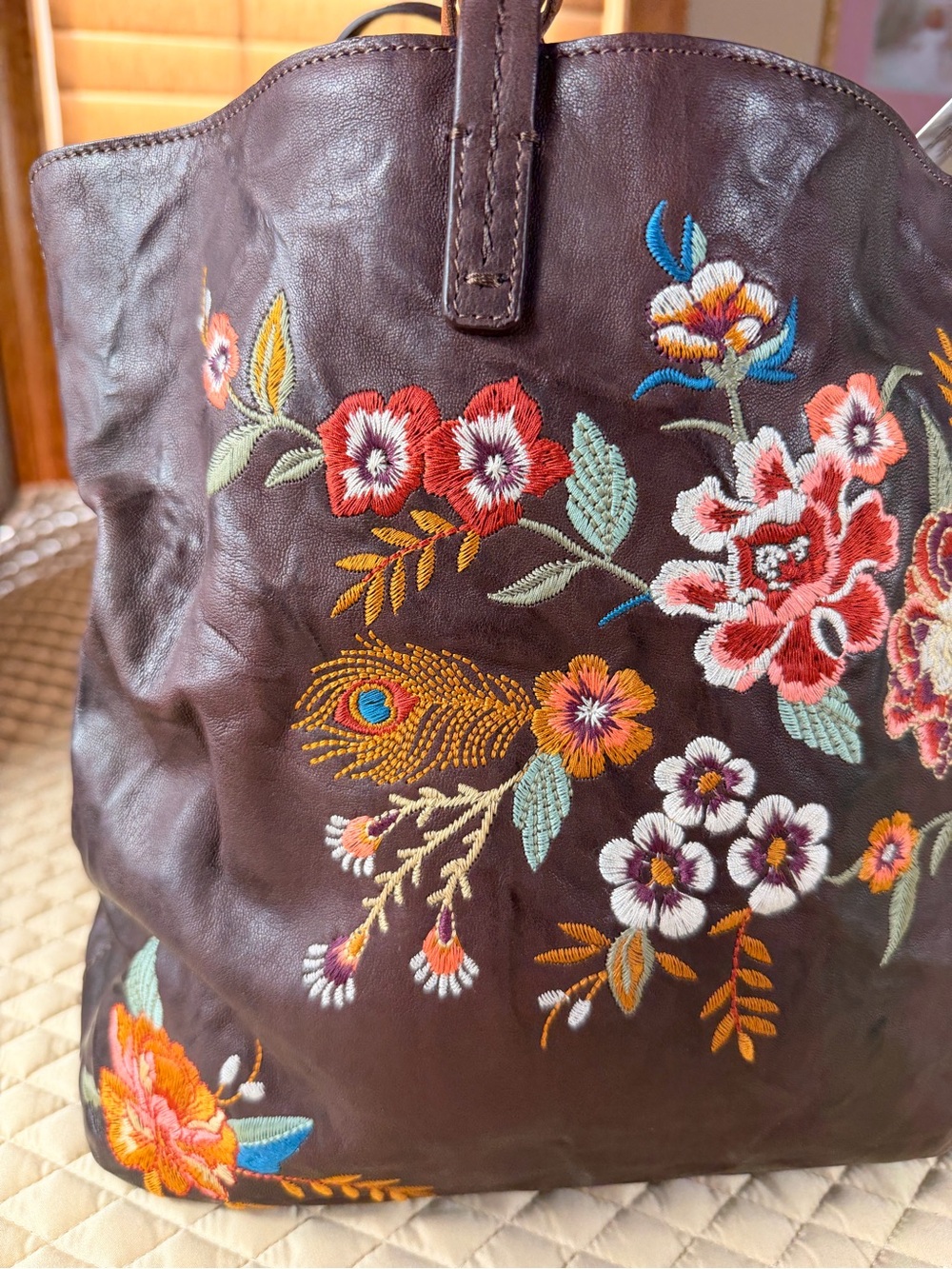 Johnny Was Brown Leather Annanke Tippi Tote Embroidered Floral Leather Bag, NWT - Picture 5 of 11